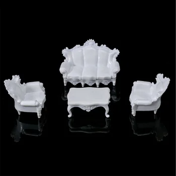 

4pcs White DIY 1/25 Dollhouse Miniature Living Room Antique Sofa Set Tea Table Settee Model for Kids Gift Classic Toy