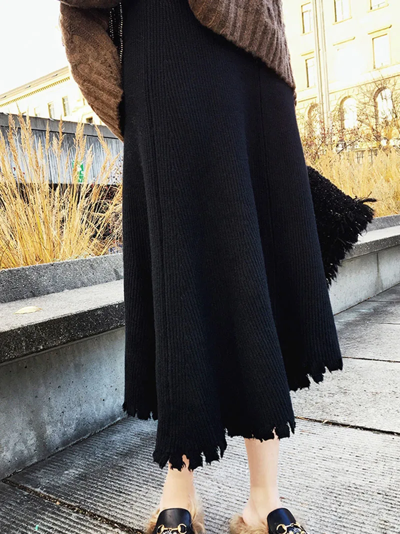 Women's Large Size Knit Skirt Female Autumn Winter Loose Plus Size A-line Skirt Pleated Skirt Long Solid Knit Skirt New ML266