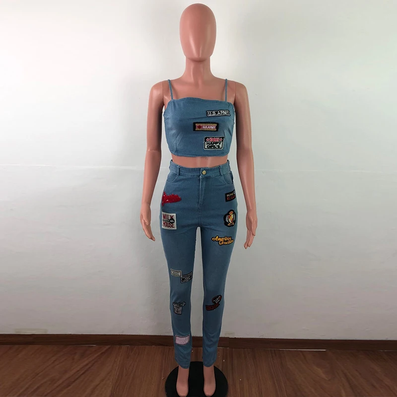 Skup Kreskówka aplikacja Sexy Denim dwuczęściowy zestaw kobiet zestawy ubrania Spaghetti pasek Crop Top + Skinny ołówek spodnie 2 sztuka klub stroje