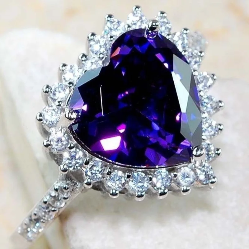 Charm Silver Color Women's Rings Purple Heart Shape Zircon Queen Crystal Princess Bands Engagement Wedding Jewelry Gifts | Украшения и