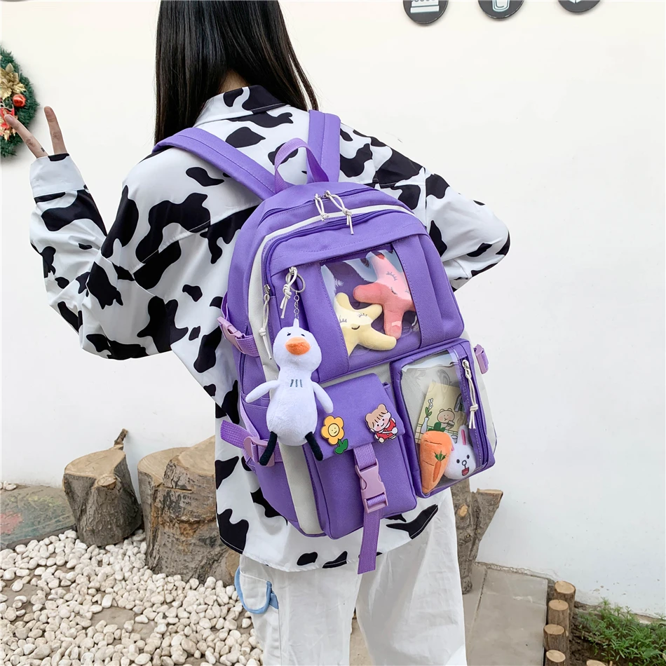 4 Piece Set of High Quality Solid Color Women's Backpack Transparent Waterproof Nylon School Bag for School Teenagers Girls Sac