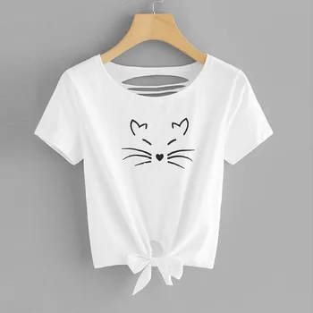 

2019 New Summer Women Short Sleeve White T-Shirt Hollow Out Sweet Bowknot Tee Cartoon Cat Printed Cute T-Shirt