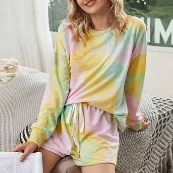 

Womens Tie-dye Long Sleeve Pajama Night Lounge Tops Drawstring Shorts Sleepwear Casual Leisure Loose Home Set #3