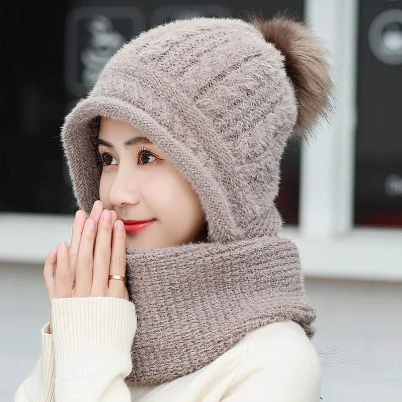 Зимние кроличьи волосы вязанные шарф и шапка набор шапка женский шарф шапочки шапки для женщин Сиамские шапки Mask маска капота - Цвет: khaki