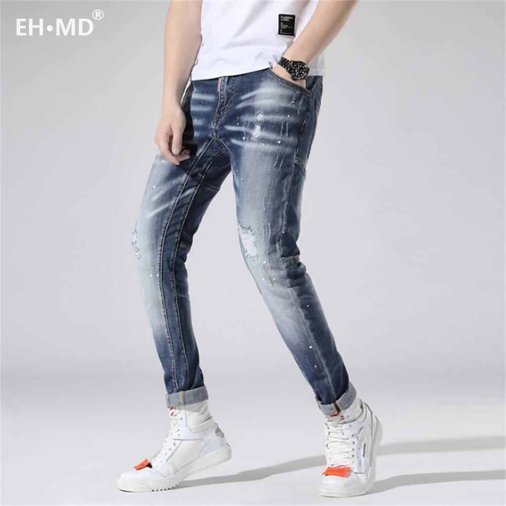 

EH·MD® White Paint Dot Jeans Men's Stitching Ripped Soft Cotton High Elastic Leather Label Slim Pants Red Ears Frayed Feet 2021