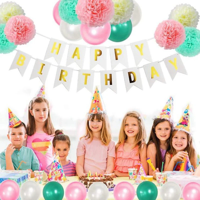 51 Pcs Decoration Supplies Round Paper Flower Ball Balloon Paper Tassel Birthday Pull Flag Home Birthday Party Wedding Decoratio