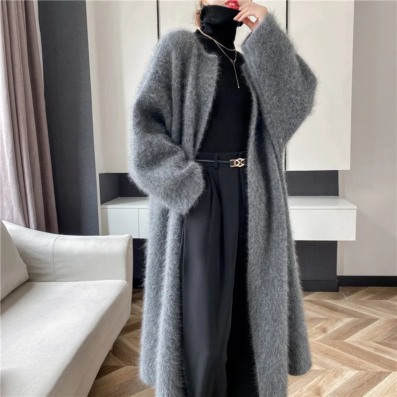 Autumn and winter sweater women's loose long hair mink fleece loose large size sweater coat long cardigan with long sleeves color matching knitted dress sweater women s autumn winter retro lazy and loose striped long wool sweater coat