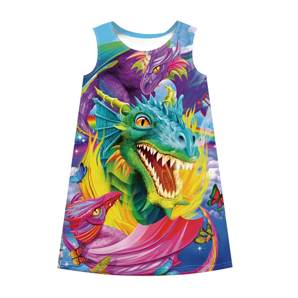 Summer Teenage Girls Dress 3D Dragon Colorful Print Sleeveless Vest Dresses for 7 8 9 10 11 12 Years Children Clothes | Детская одежда
