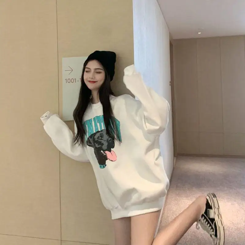 Mid Length Pullover New Women's Fashion Ins Top Women's Bf Autumn Winter Loose Korean Long Sleeve Coat - Цвет: Белый
