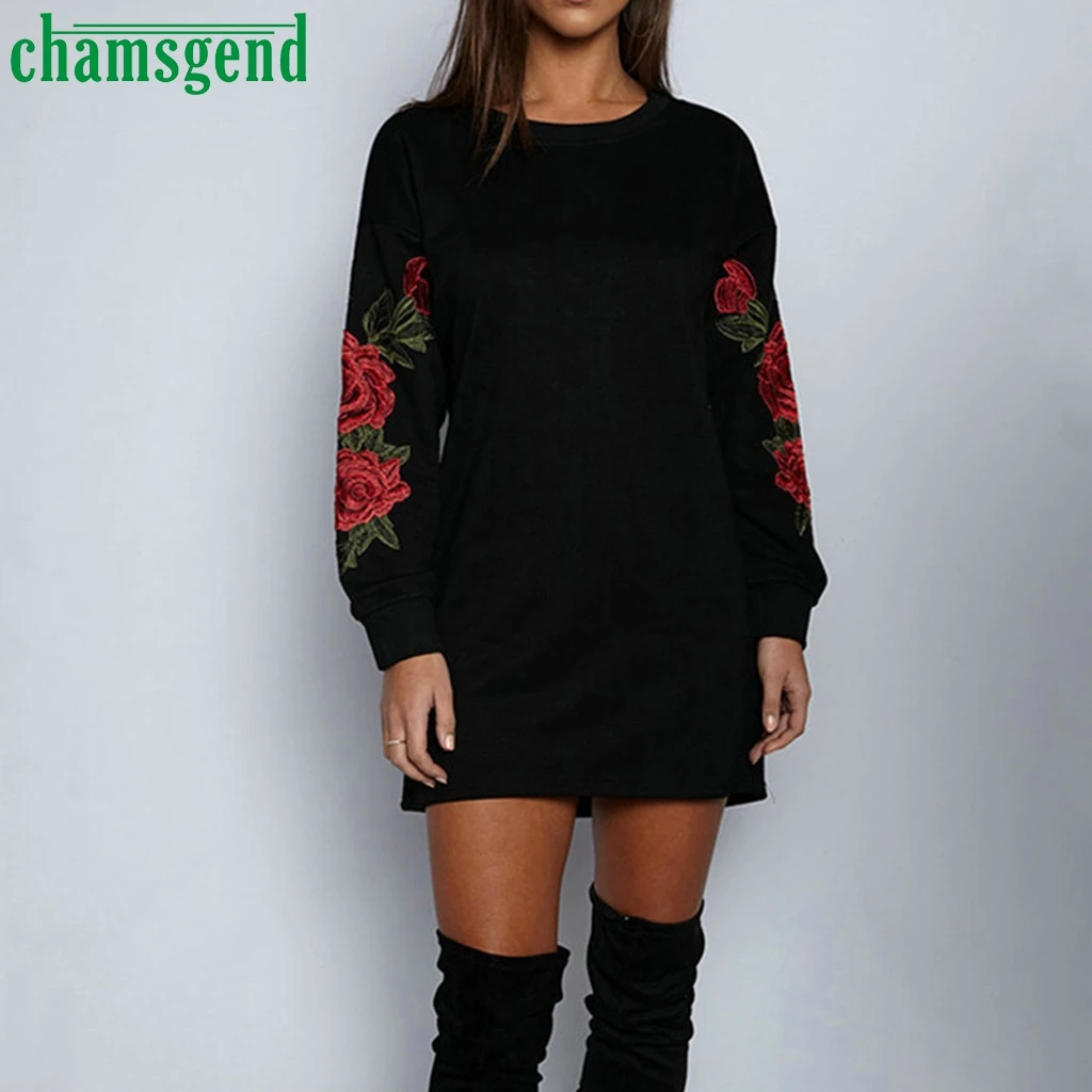 

Chamsgend Long Sleeve o-neck autumn winter dress Women elegant Evening Party embroidered Dress Vestidos Ladies Blouse Dress #4Z