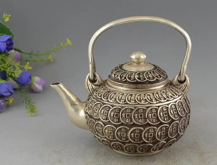 

Collectible Decorated Silver Plate Copper Carved Bring Money Coin Tea Pot