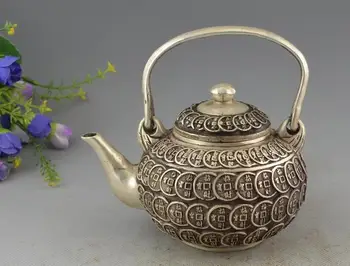 

Collectible Decorated Silver Plate Copper Carved Bring Money Coin Tea Pot
