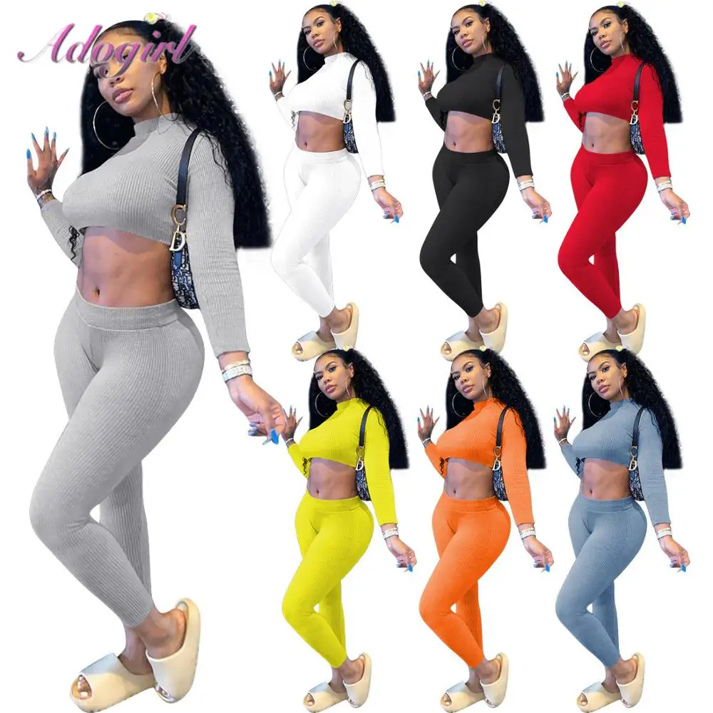 

Women Active Two Piece Set Solid Rib Knit Long Sleeve Crop Tops T-Shirt Joggings Pants Suit Sport Outfit Tracksuit Matching Set