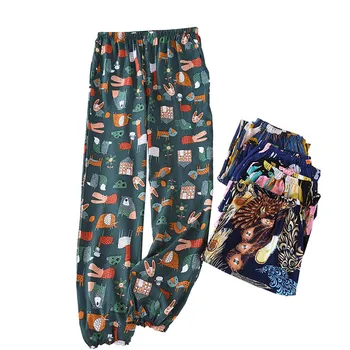 

Spring And Summer New Women Floral Sleep Bottoms Comfort Loose Cotton Satin Pants Elasticity Waist Ladies Large Homewear Pants