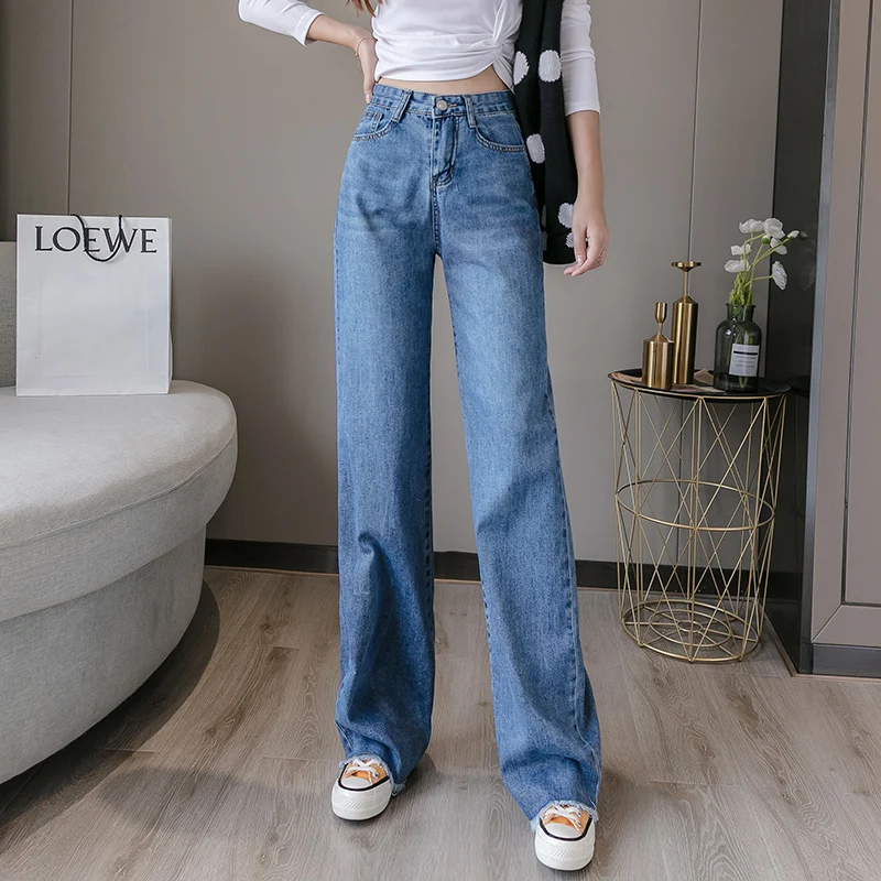 JUAYKALA осенние новые ретро широкие джинсы женские с высокой талией свободные прямые окантованные брюки свободные винтажные женские джинсы