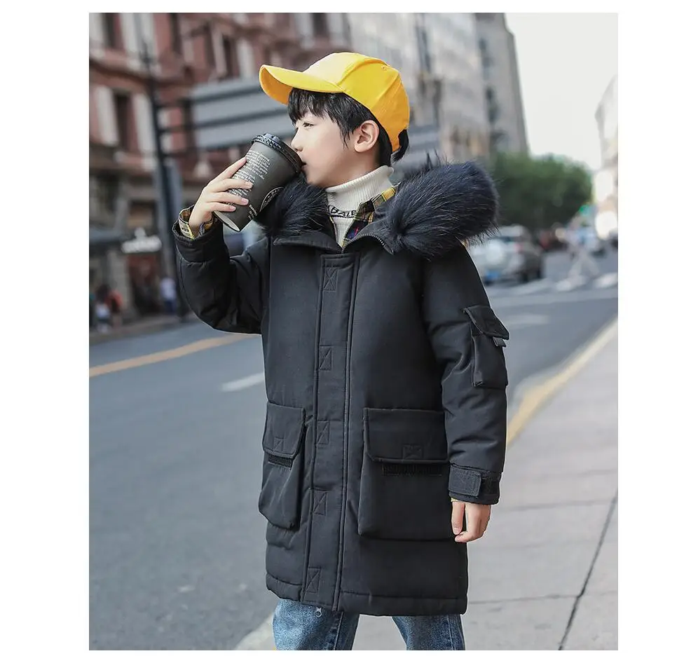 Зимний пуховик для мальчиков пальто с капюшоном и отделкой из натурального меха длинная пуховая парка для больших мальчиков теплые уличные плотные куртки