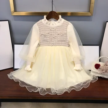 

European and American children's wear 2020 winter new style Long - sleeved stand - collar knitting mesh fashion girls baby dress