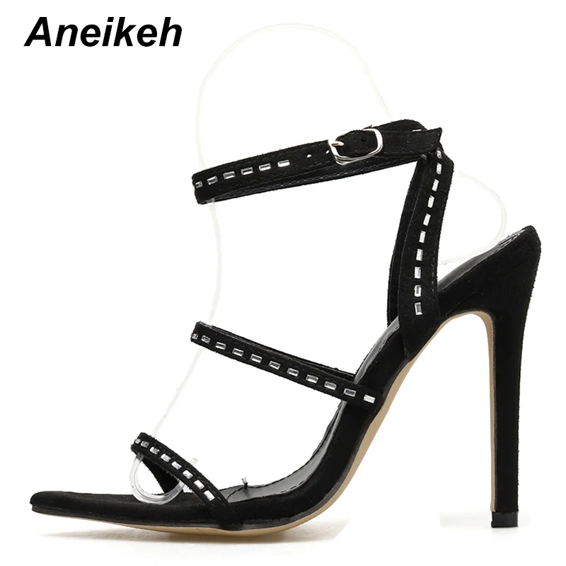 Aneikeh/Новинка года; элегантные женские босоножки из флока; женская свадебная обувь с круглым носком на тонком ремешке и пряжкой; Цвет Черный