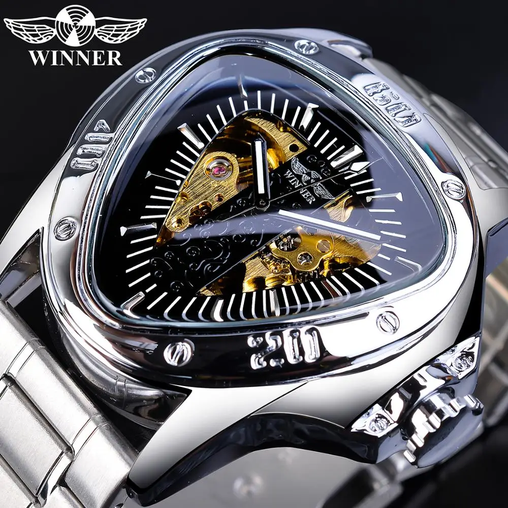 Relógio para Homens Marca de Luxo Relógios em Aço Relógio de Pulso Vencedor Esporte Piloto Mecânico Homem Automático Inoxidável Prata Triângulo Top