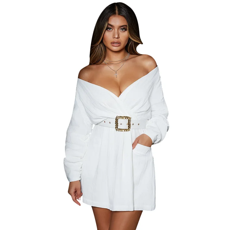 

Elegant Long Sleeve High Waist A Line Dress Women Deep V-neck Pockets White Dresses Summer Beach Vintage Solid Cloth With Belt