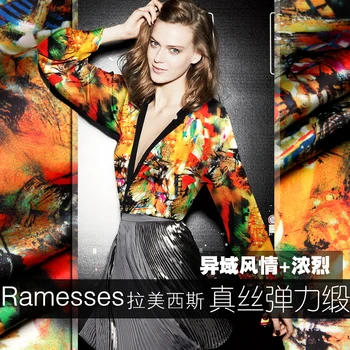 

PRINTED SILK STRETCH SATIN 118cm width 19momme Pure Silk Fabric Women Dress Cloth Material DIY Color Painting