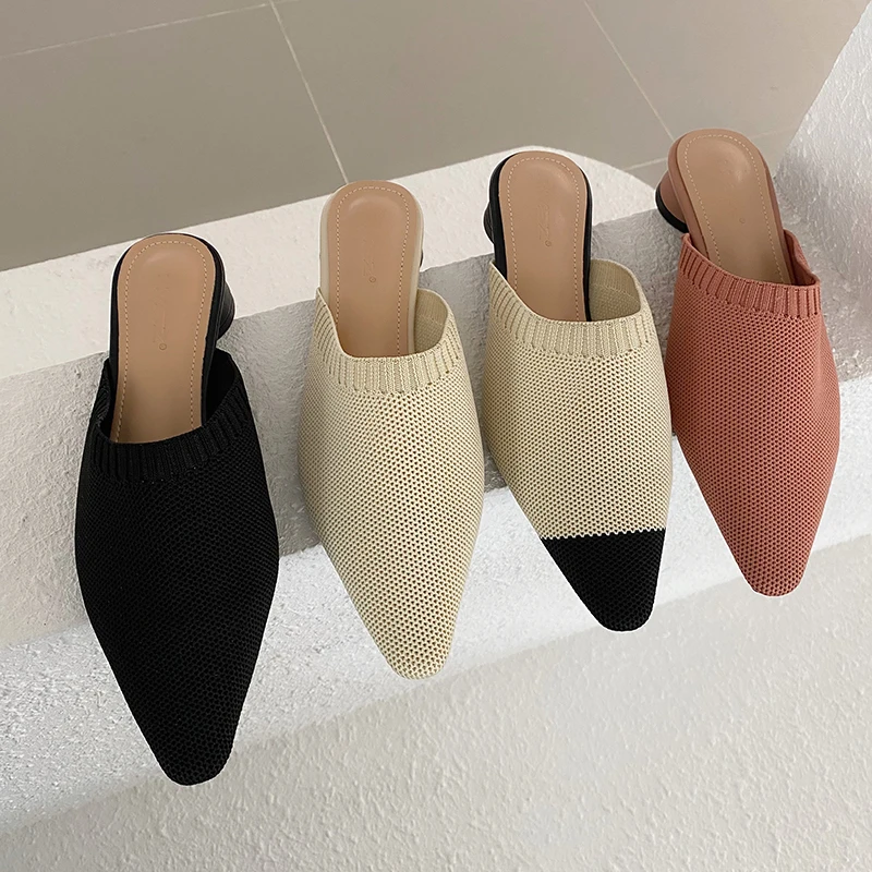 

Women Low Heels Mules Shoes Block 2CM Solid Color Flyknit Textile Pointed Toe Ladies Dress Summer On Holiday Slippers Ladies