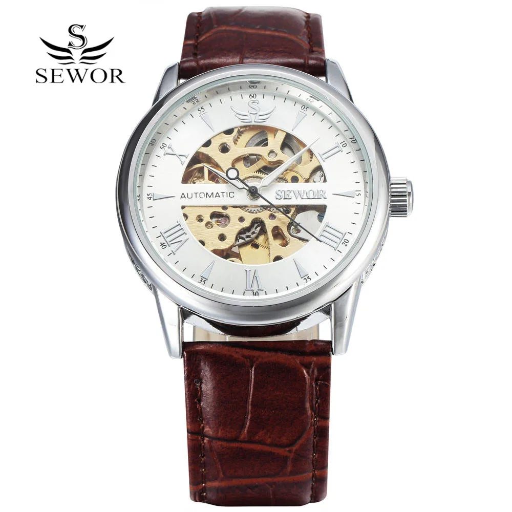 SEWOR модные часы со скелетом Autuomatic, часы с ветром, механические часы Relogio Masculino, черные кожаные часы, мужские деловые наручные часы - Цвет: 611black