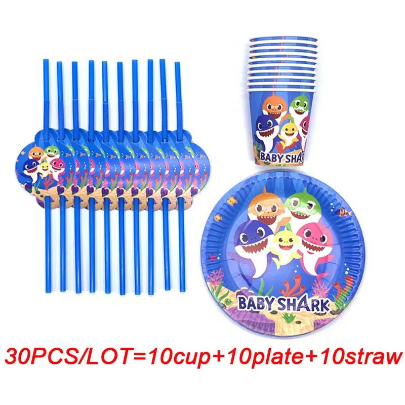 BeiPanXi-30PCS 100 шт голубая акула тема на день рождения баннеры для дня рождения на день рождения, мероприятие, вечеринка, бумажный стаканчик, тарелка, набор одноразовой посуды - Цвет: BeiPanXi-30PCS