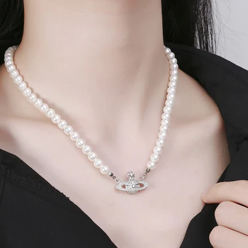

LATS Planet Pearl Choker Necklace Light Luxury French Clavicle Chain 925 Sterling Silver Saturn Natural Pearl Necklace for Women