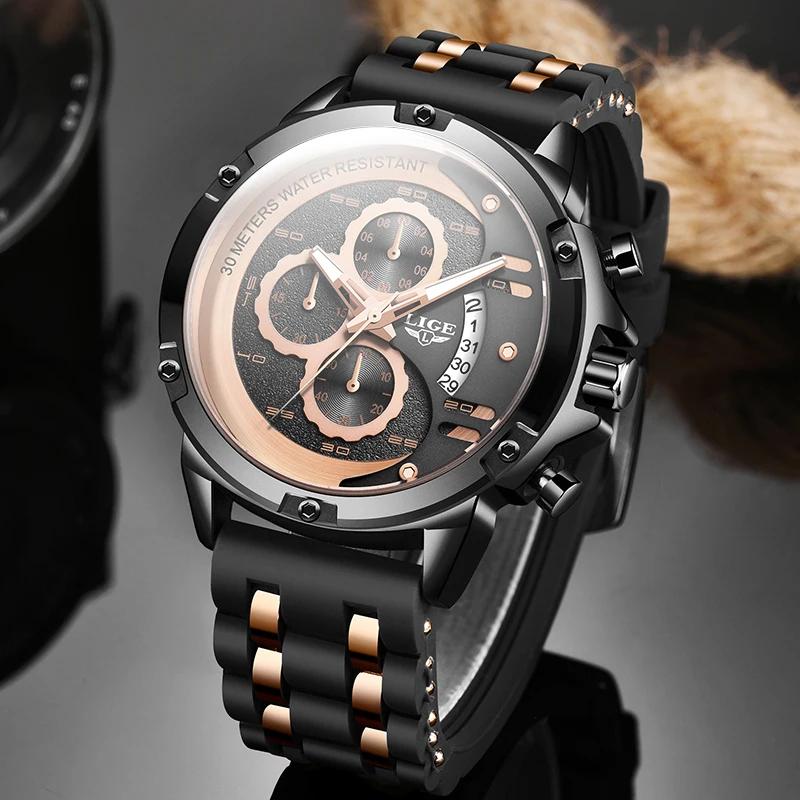 

Reloj Hombre 2020LIGE Top Brand Quartz Men Watches Fashion Genuine Silicone Chronograph Watch Clock for Gentle Men Male Students