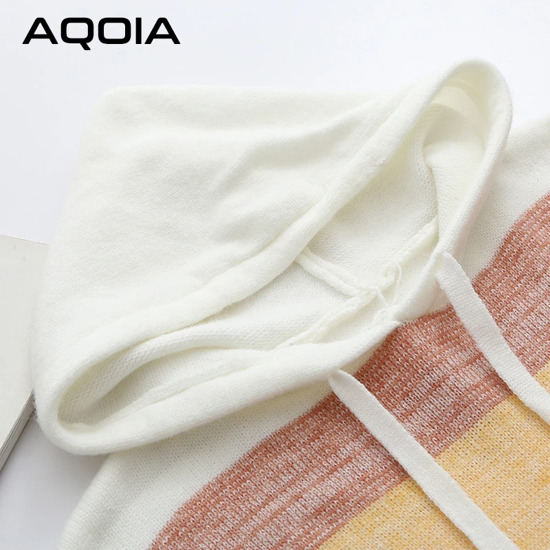 AQOIA, женские, шикарные, с капюшоном, в полоску, с длинным рукавом, теплые, толстые, вязаные, женские толстовки,, Зимняя мода, женская повседневная одежда