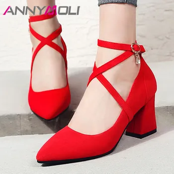 

ANNYMOLI Ankle Strap High Heels Woman Thick Heel Shoes Pointed Toe Pumps Buckle Strap Female Footwear Black Pink Large Size 43