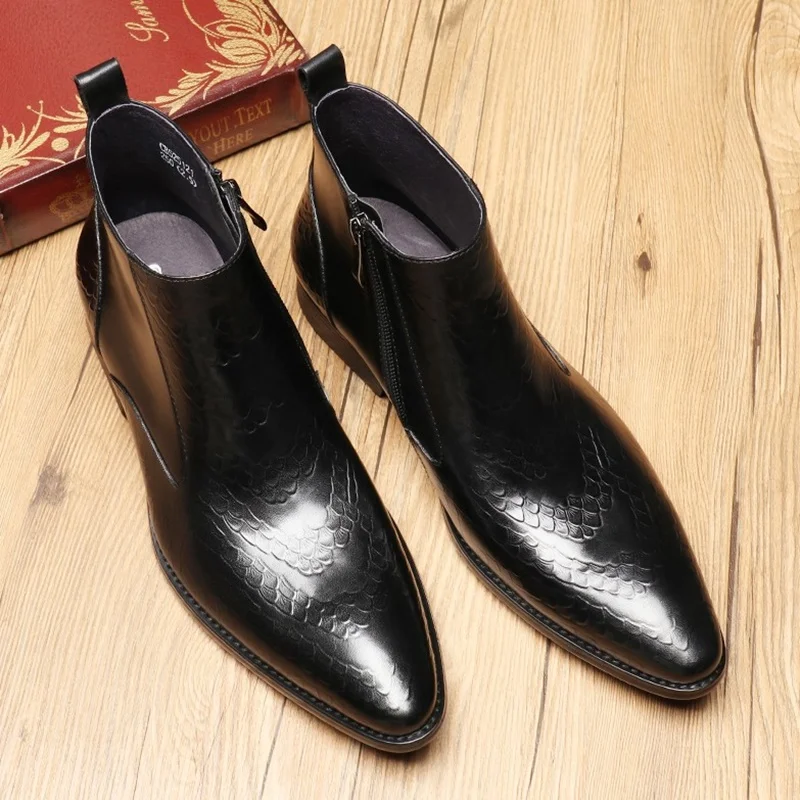 

C.G.N.P Genuine Leather Short Boots Men Dress Shoes Black Pointed Toe Chelsea Boots Men Handmade Ankle Boots Autumn Winter Boots