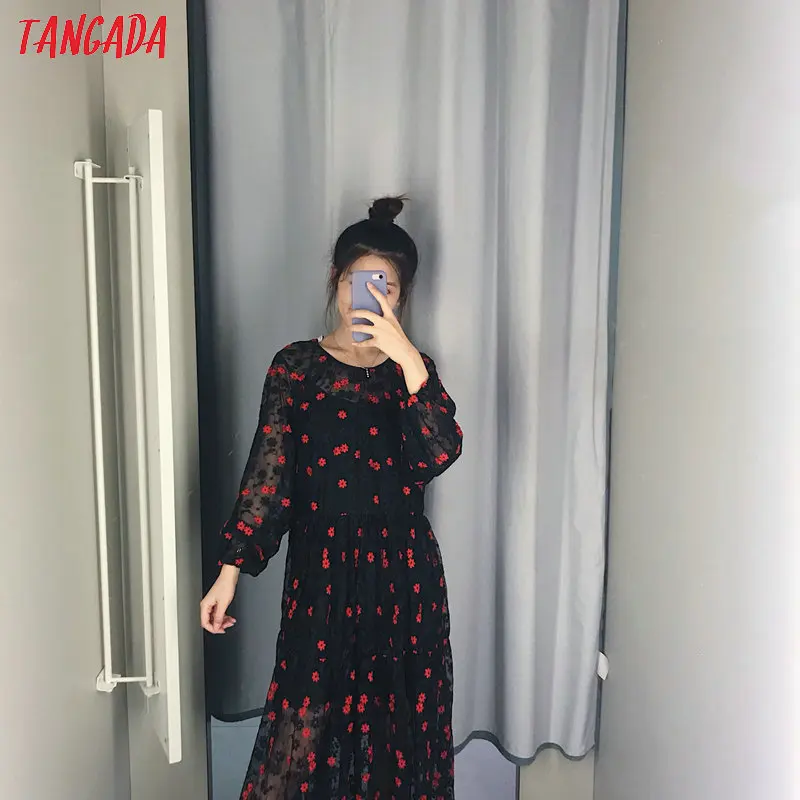 Tangada women elegant embroidery mesh dress o neck long sleeve fashion lady black party long vestidos CE114