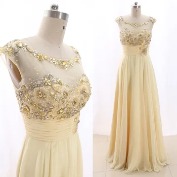 

MACloth Yellow A-Line O Neck Floor-Length Long Crystal Tulle Prom Dresses Dress M 266967 Clearance