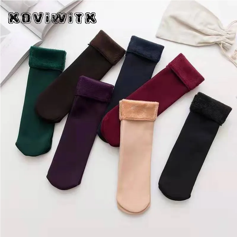 Зимние короткие толстые носки, бархатные хлопковые разноцветные однотонные носки, женские теплые Стильные черные длинные эластичные носки для девушек, рождественские носки