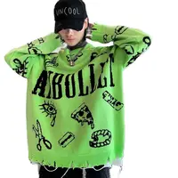 Pull déchiré avec trous pour homme, surdimensionné, Style coréen, Graffiti, Punk, Hip Hop, rouge, vert, jaune, automne et hiver 5
