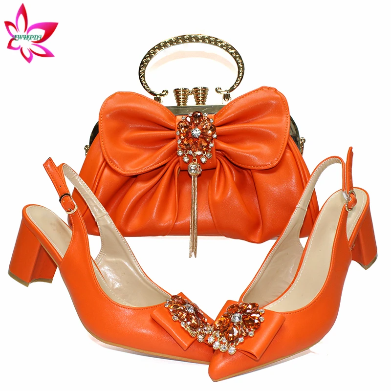 Orange Color High Quality with Shinning Crystal Italian Design African Women Shoes and Bag to Match for Wedding Party | Обувь
