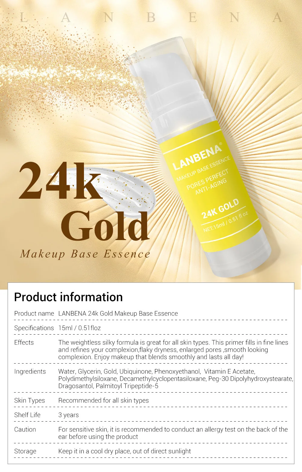 LANBENA 24k Золотая основа для макияжа, эссенция, сужающая поры, антивозрастной праймер для макияжа, водостойкий, контроль жирности, уход за кожей с сывороткой, 15 мл