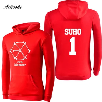

hot korea EXO MONSTER Red hoodies sweatshirts Men/Women KPOP Fashion long sleeve pullovers Red K-POP Print MONSTER All EXO tops
