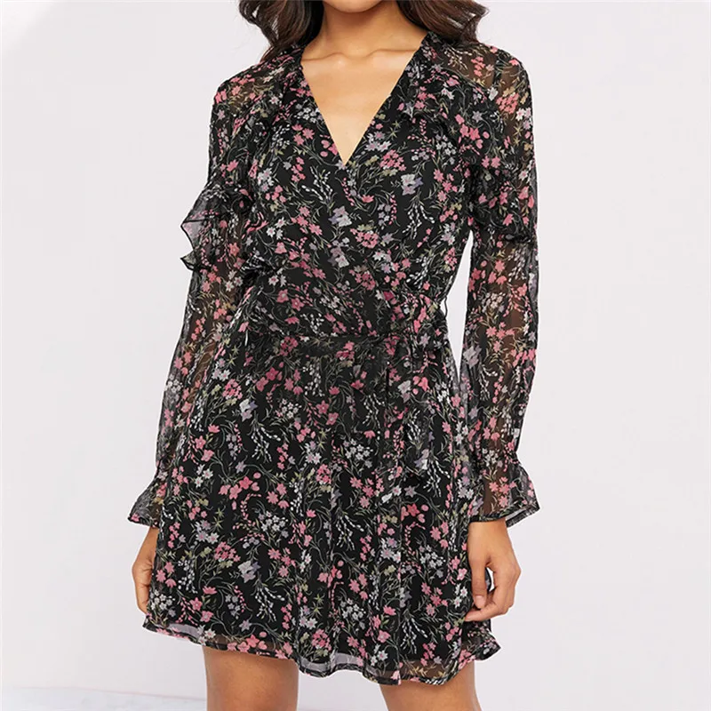 

Women Boho Black Floral Print Ruffle Dress 2020 New Spring Summer Elegant Party Holiday A Line Dress Ladies Fashion Clothing Top