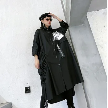 

Women's 2020 Spring Black Drawstring Pleated Dress Casual Loose Hollow Out Print Three Quarter Midi Shirt Dress Plus Size