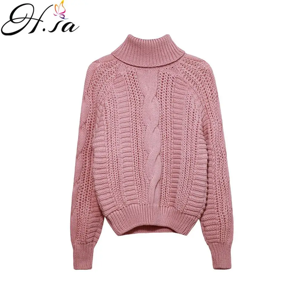 

H.SA Women Winter Turtleneck Pullover and Sweaters Twisted Pink Knit Jumpers Autumn Winter Warm Thick Sweaters Pull Femme Tops