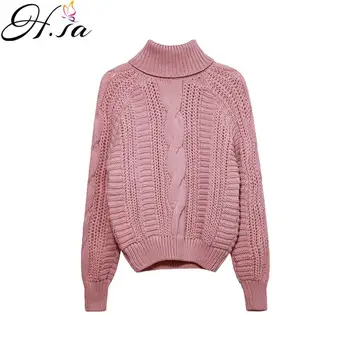 

H.SA Women Winter Turtleneck Pullover and Sweaters Twisted Pink Knit Jumpers Autumn Winter Warm Thick Sweaters Pull Femme Tops