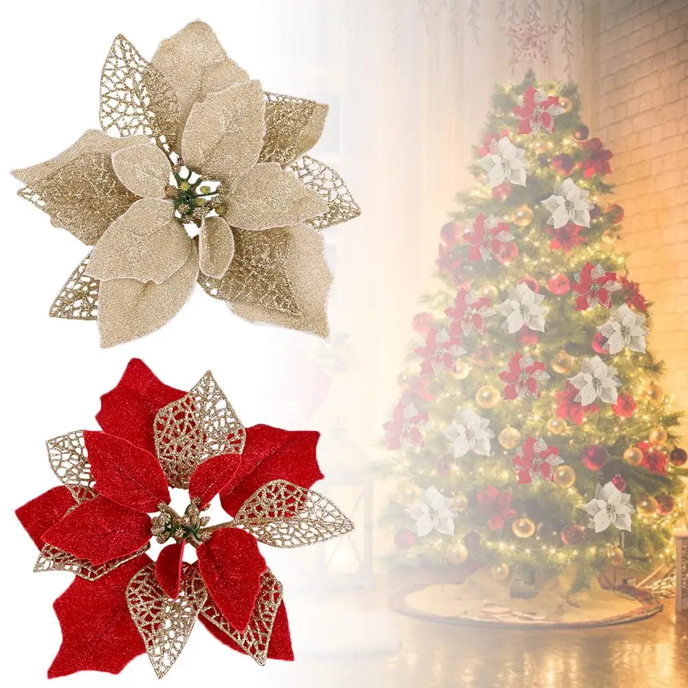 

10pcs Christmas Artificial Flowers Glitter Fake Flowers DIY Home Wedding Flower Head Christmas Tree Decorations