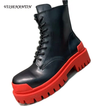 

Genuine Leather Stone Pattern Solid Round Toe Square Heel 4.5 CM high Heel Motorcycle Ankle Boots Sewing Paltform Women Shoes