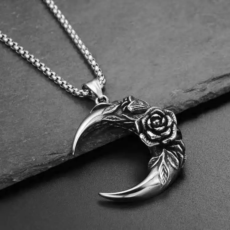 

New Creative Design Silver Color Rose Moon Pendant Necklace for Men Women Trendy Gothic Style Banquet Daily Jewelry Gift