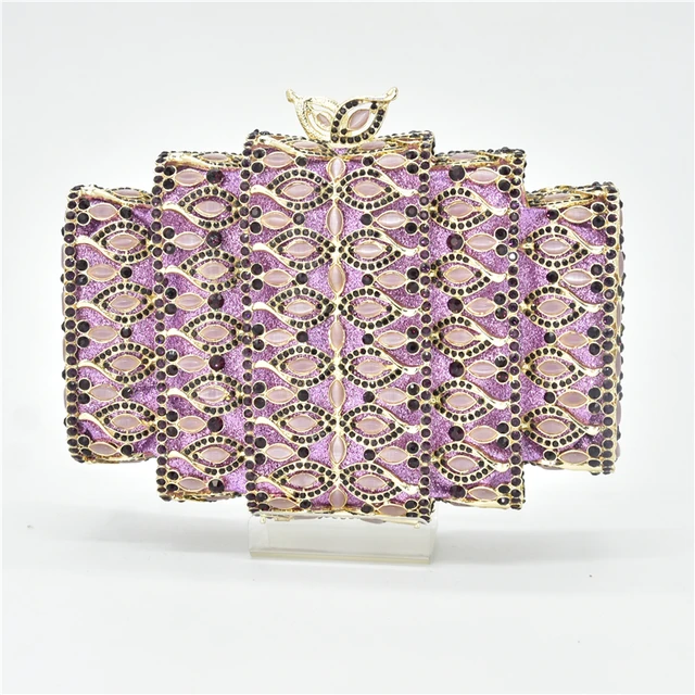 Abendtasche in ungewöhnlicher Form mit Strass Gold Rose Violett Clutch