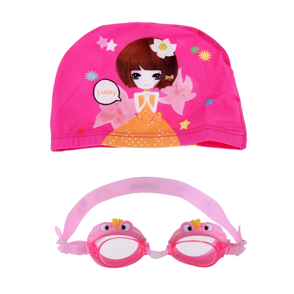 Anti-Fog Swimming Goggles age 4-12 + Cute Swim Cap + Ear Plugs for Kids Girls Boys Adjustable Strap Swim Glasses
