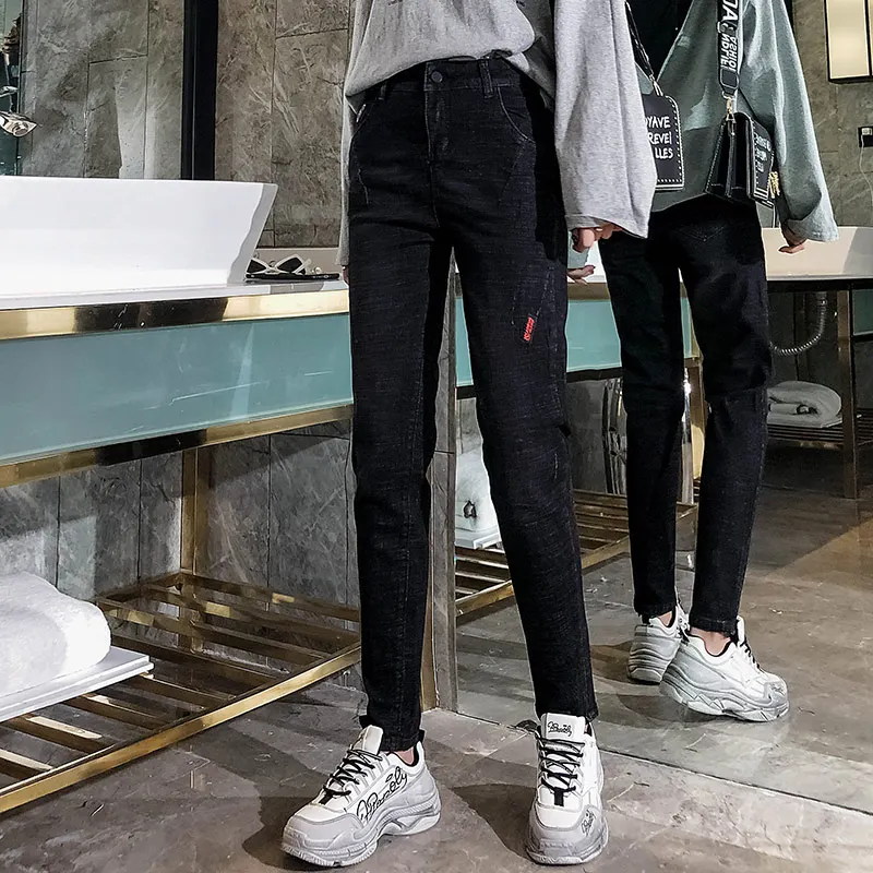 Black Fashion Korean Style Women Jeans New Casual Ankle Length Boyfriend Jeans High Waist Loose Streetwear Pants Baqueros Mujer - Color: Black